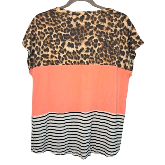 Lovely Melody Color Block Pink Leopard Print Choker Neck Tee Size Small - Picture 2 of 6